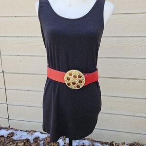 vintage Golden Hands wide red belt with round enamel brass buckle